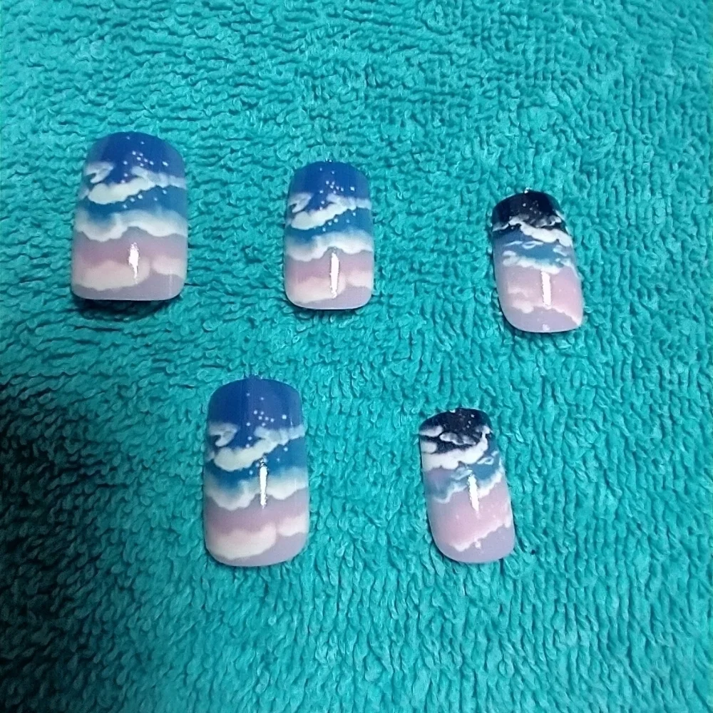 Blue purple white black clouds sky press on nails set